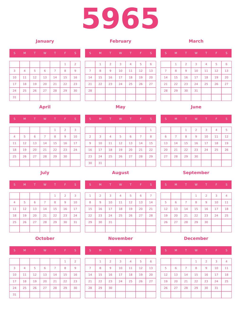 Printable 5965 Year Calendars pink