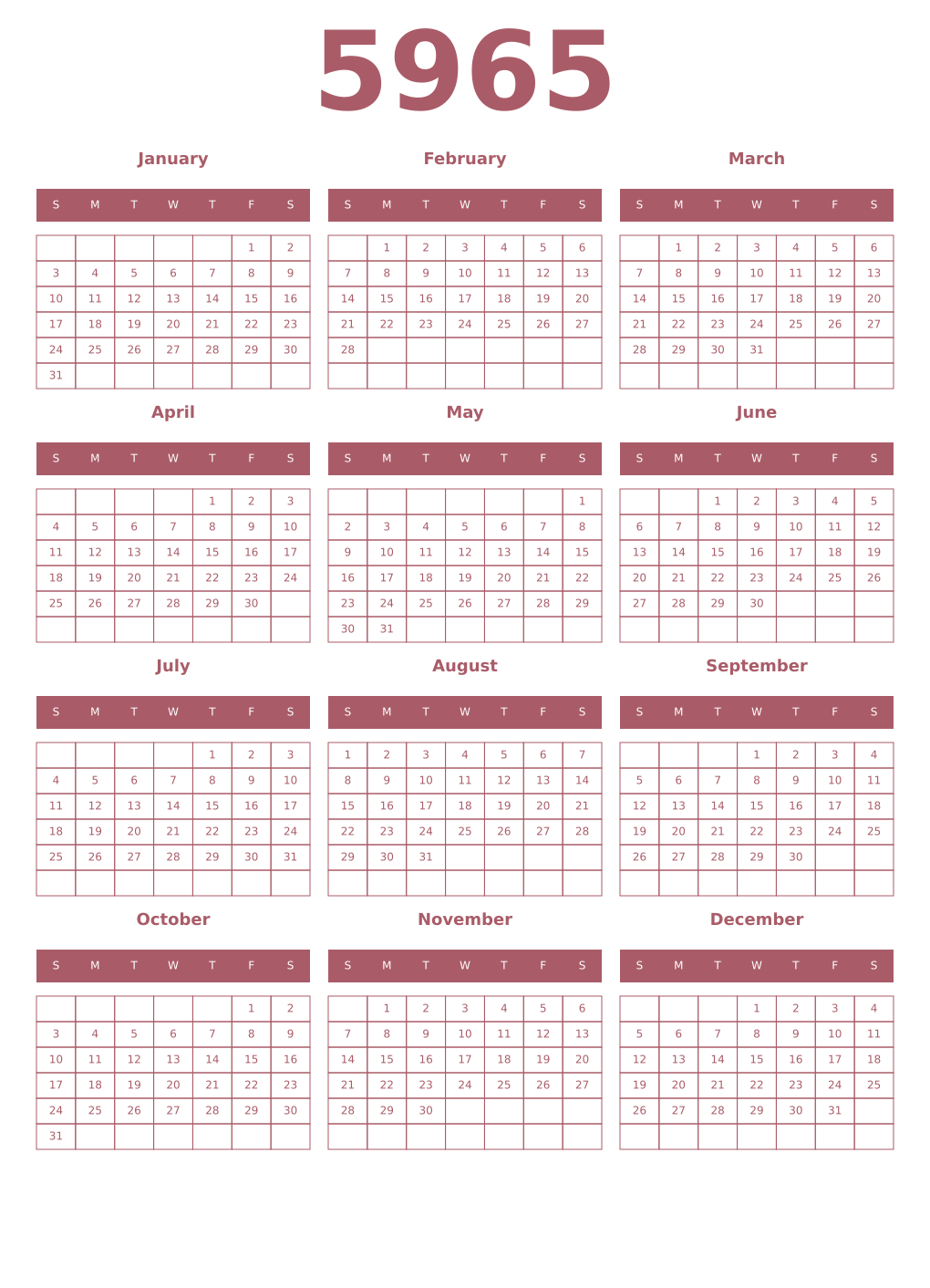 Printable 5965 Year Calendars puce