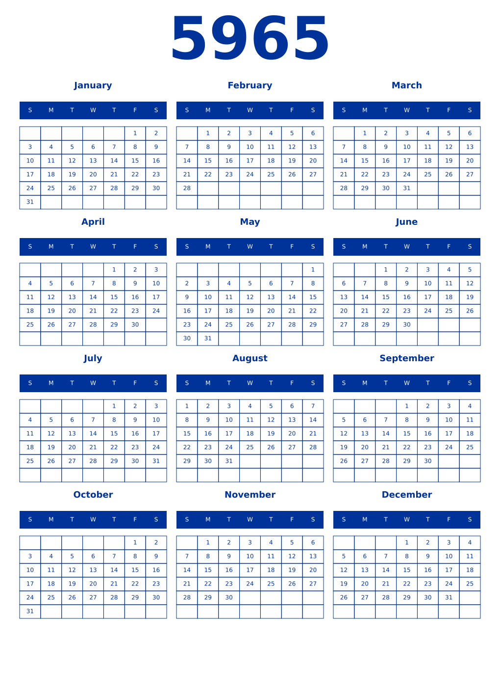 Printable 5965 Year Calendars smalt
