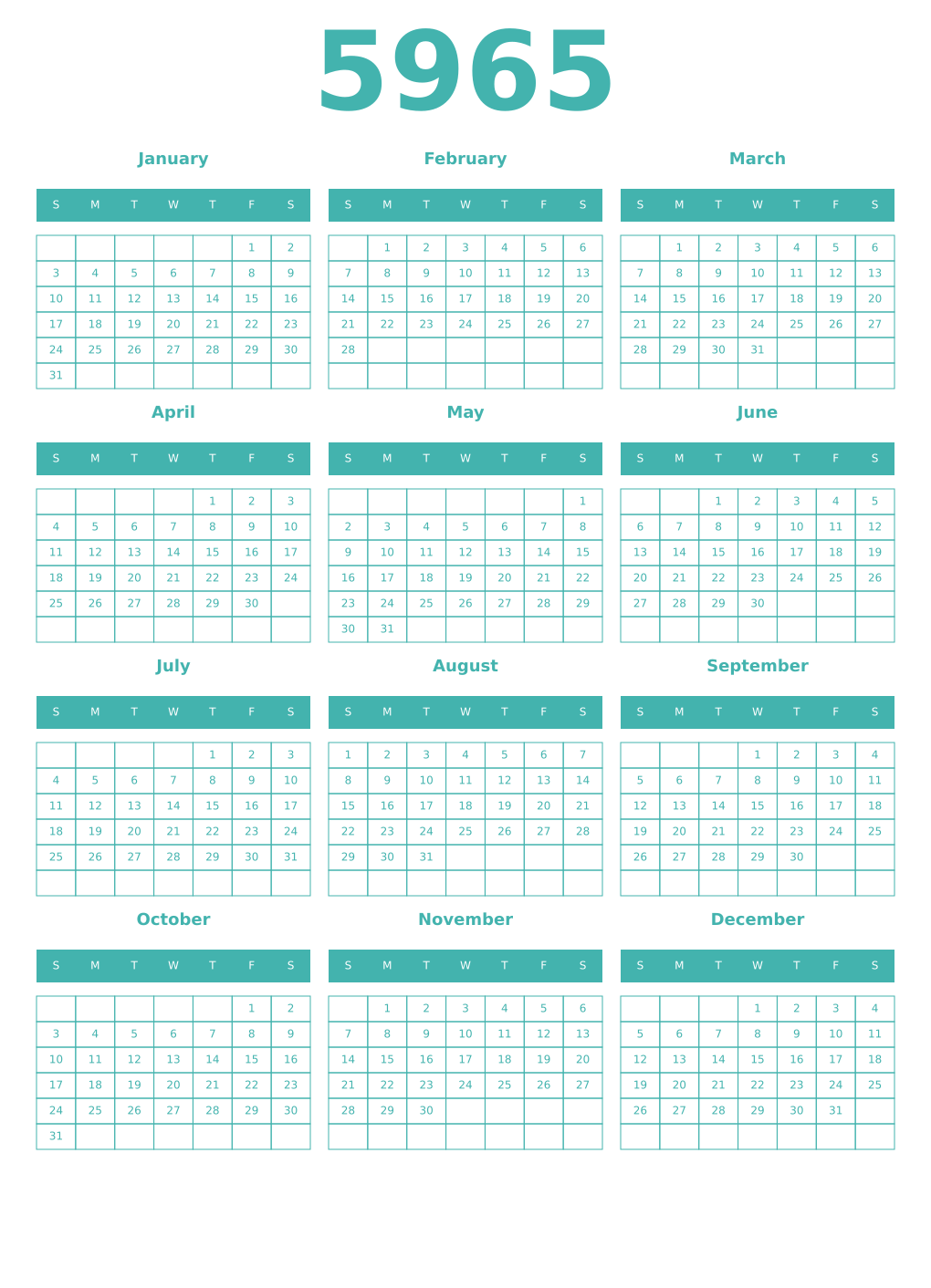 Printable 5965 Year Calendars verdigris