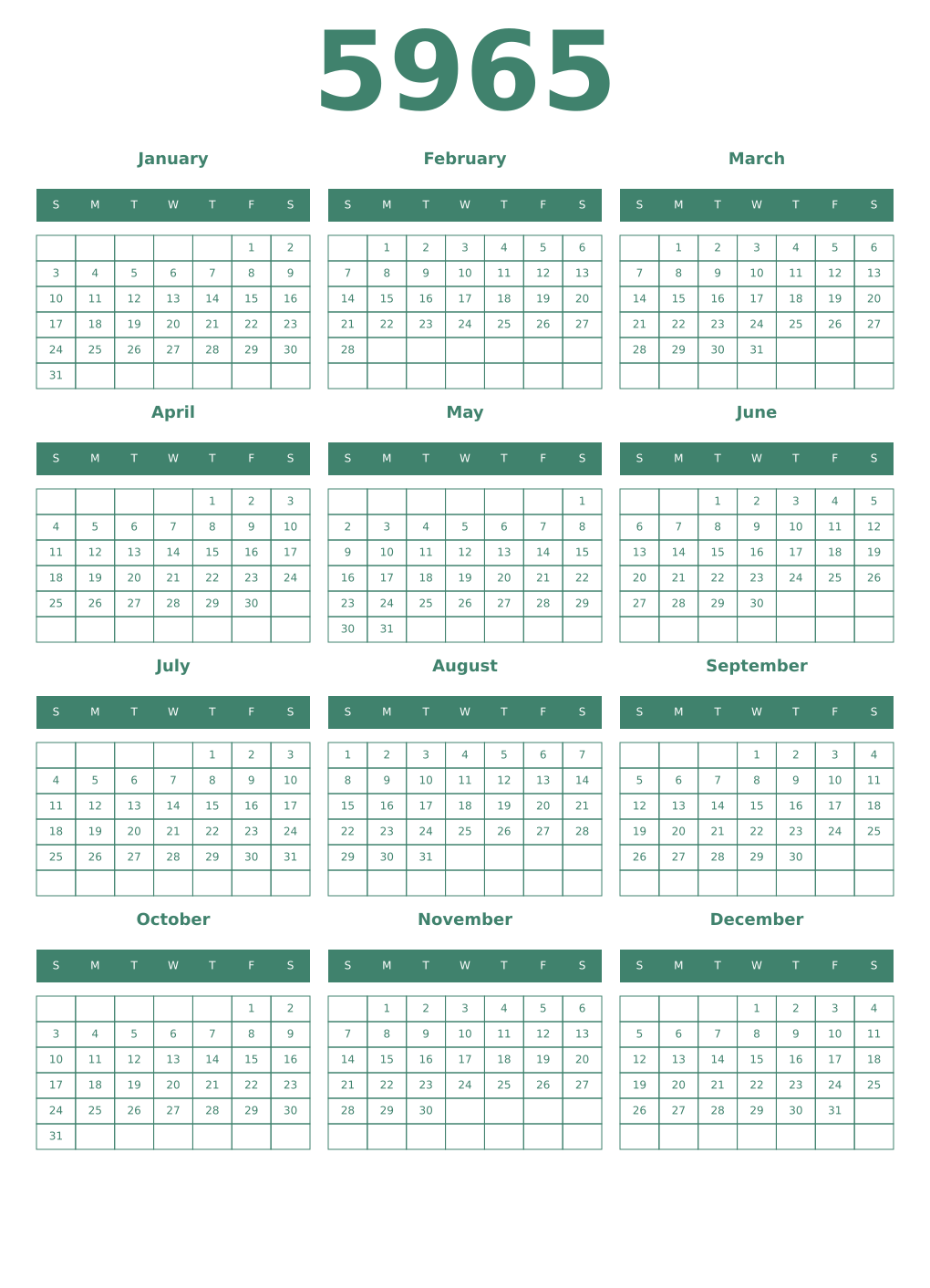 Printable 5965 Year Calendars viridian