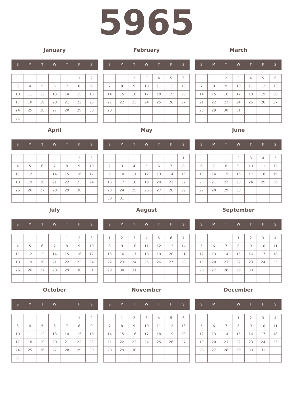 Printable 5965 Year Calendars wenge