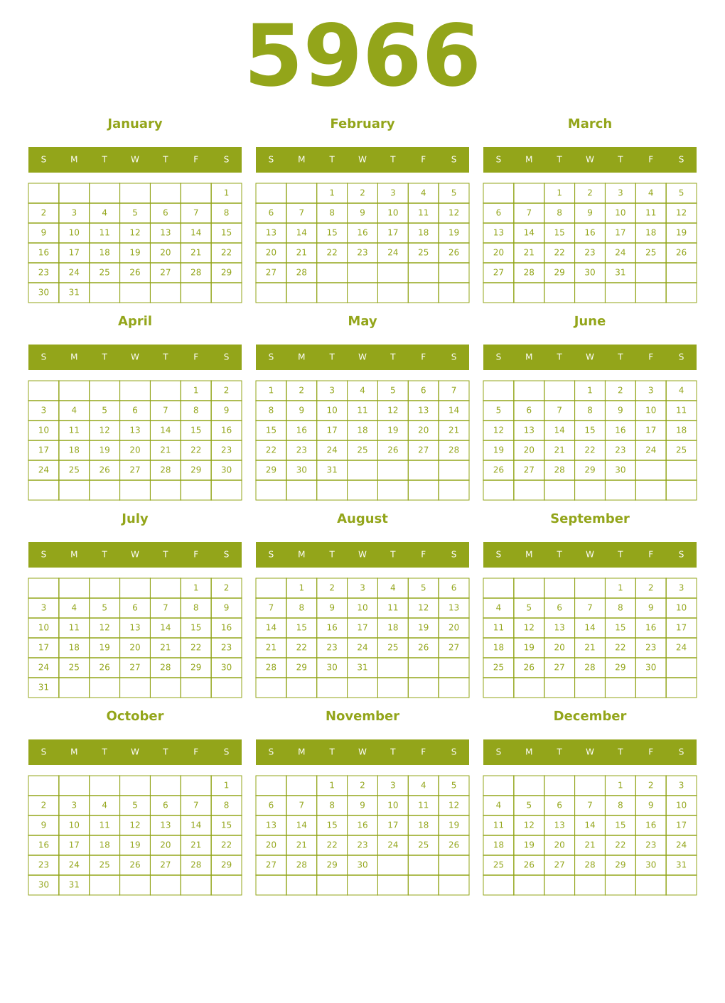 Printable 5966 Year Calendars chartreuse