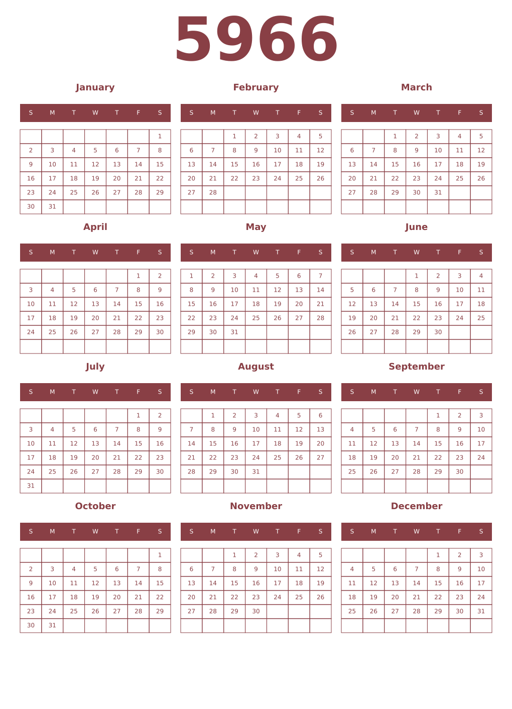 Printable 5966 Year Calendars cordovan