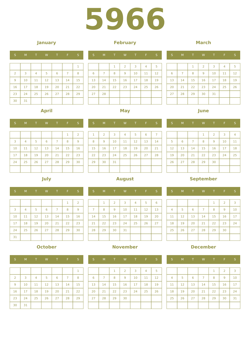 Printable 5966 Year Calendars eburnean