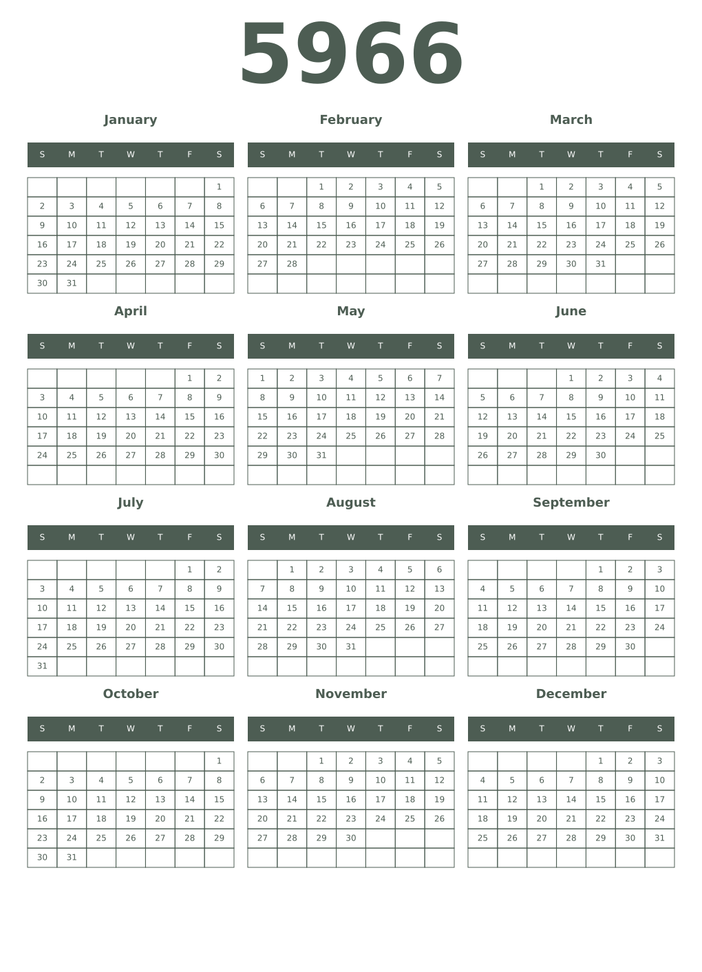 Printable 5966 Year Calendars feldgrau