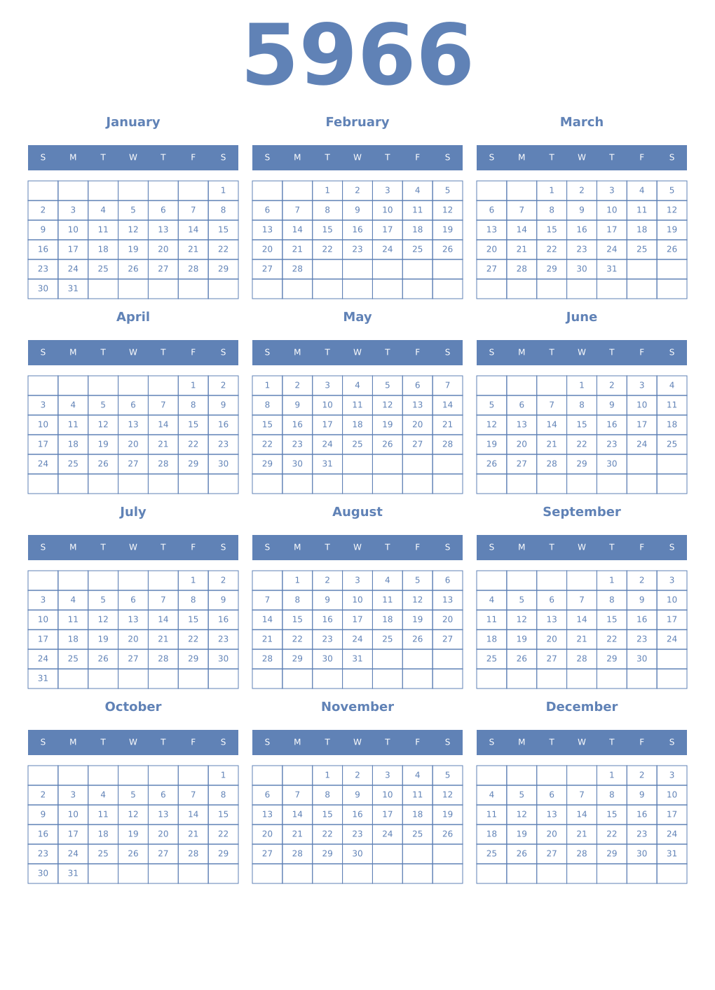 Printable 5966 Year Calendars glaucous