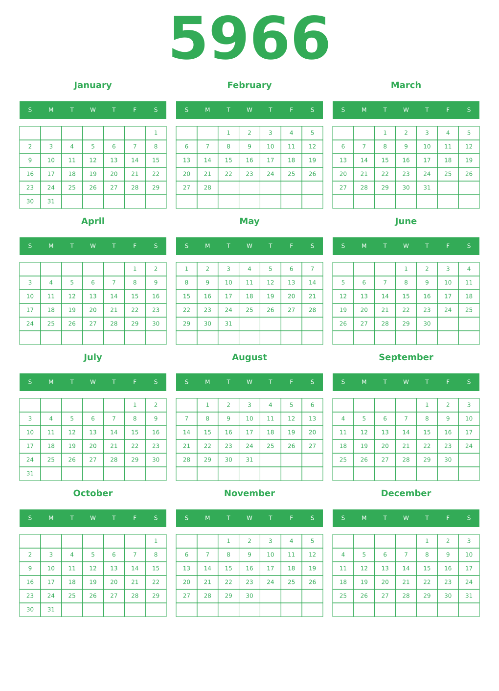 Printable 5966 Year Calendars green