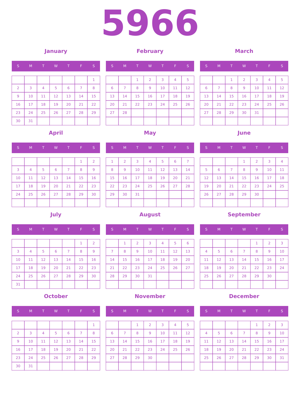 Printable 5966 Year Calendars purple