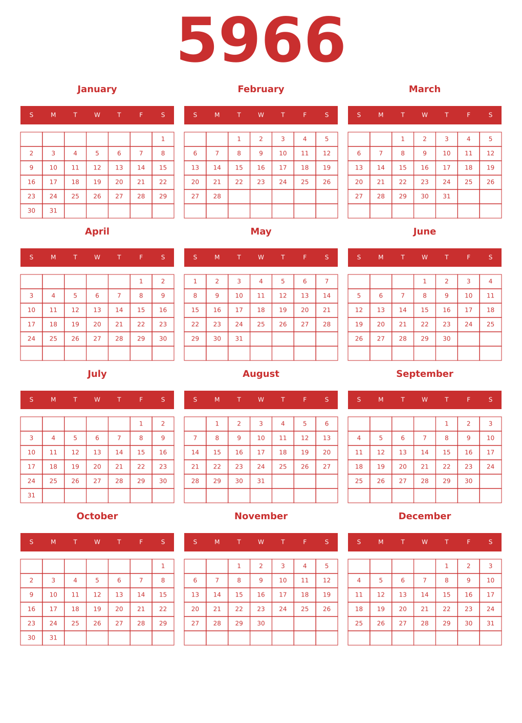 Printable 5966 Year Calendars red