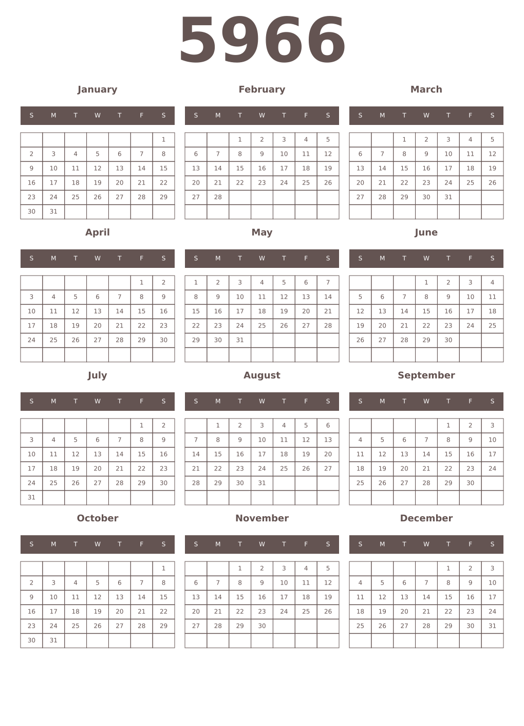Printable 5966 Year Calendars wenge