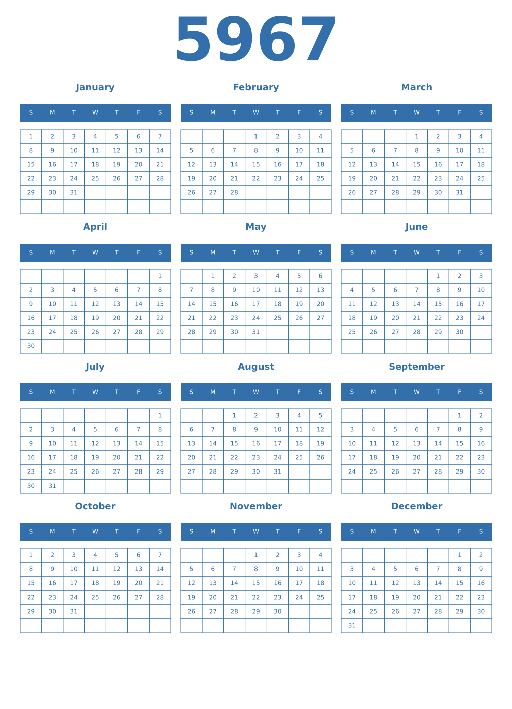 Printable 5967 Year Calendars blue