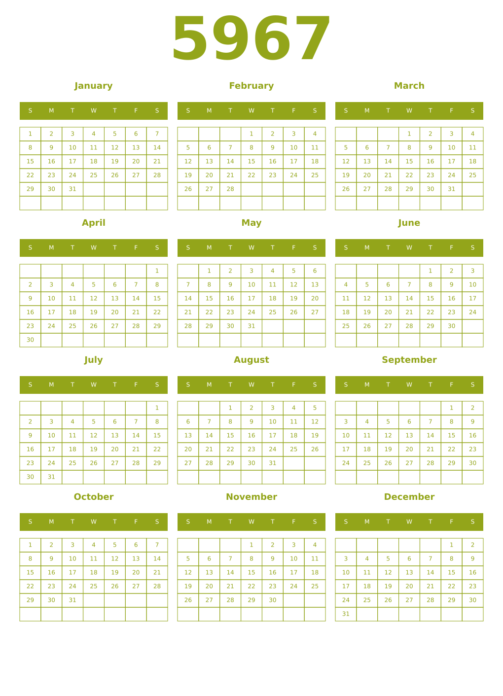 Printable 5967 Year Calendars chartreuse