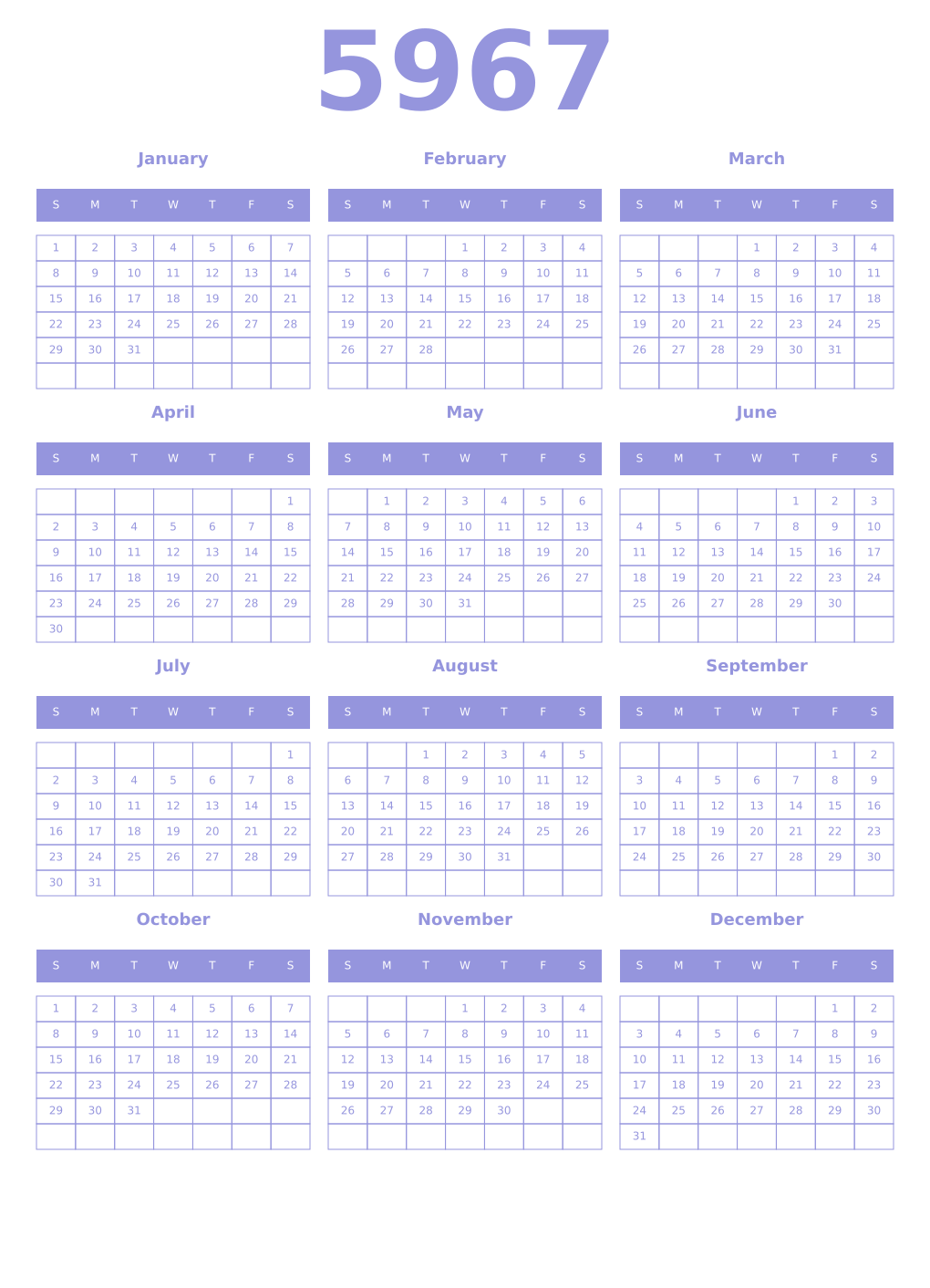 Printable 5967 Year Calendars periwinkle