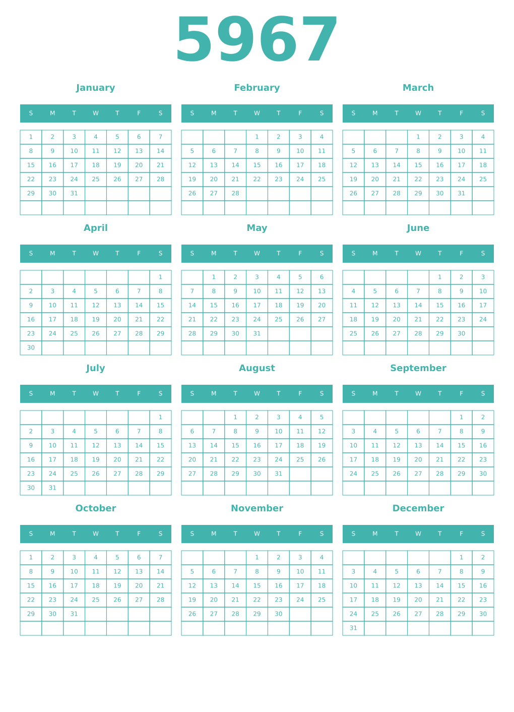 Printable 5967 Year Calendars verdigris