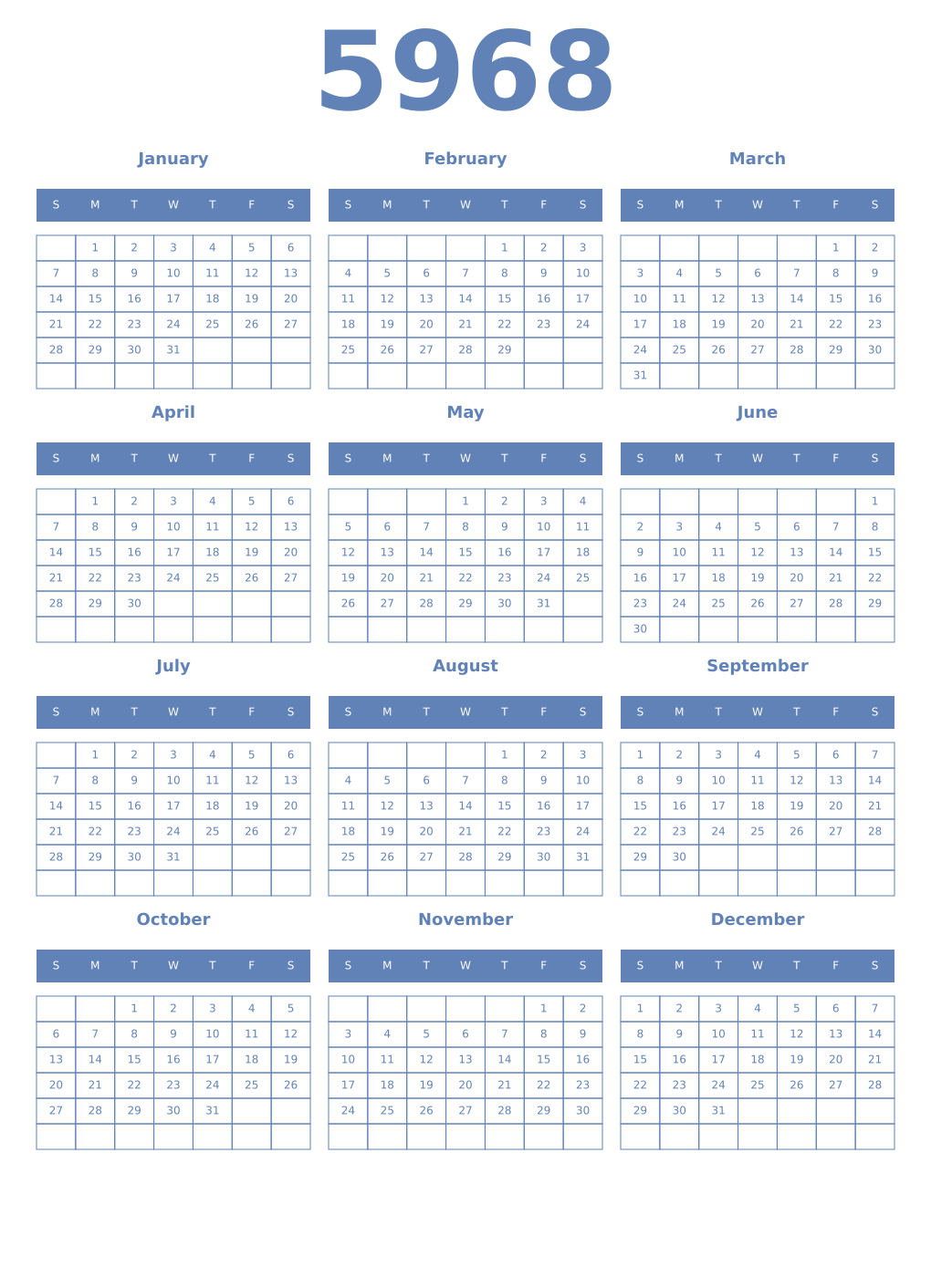 Printable 5968 Year Calendars glaucous
