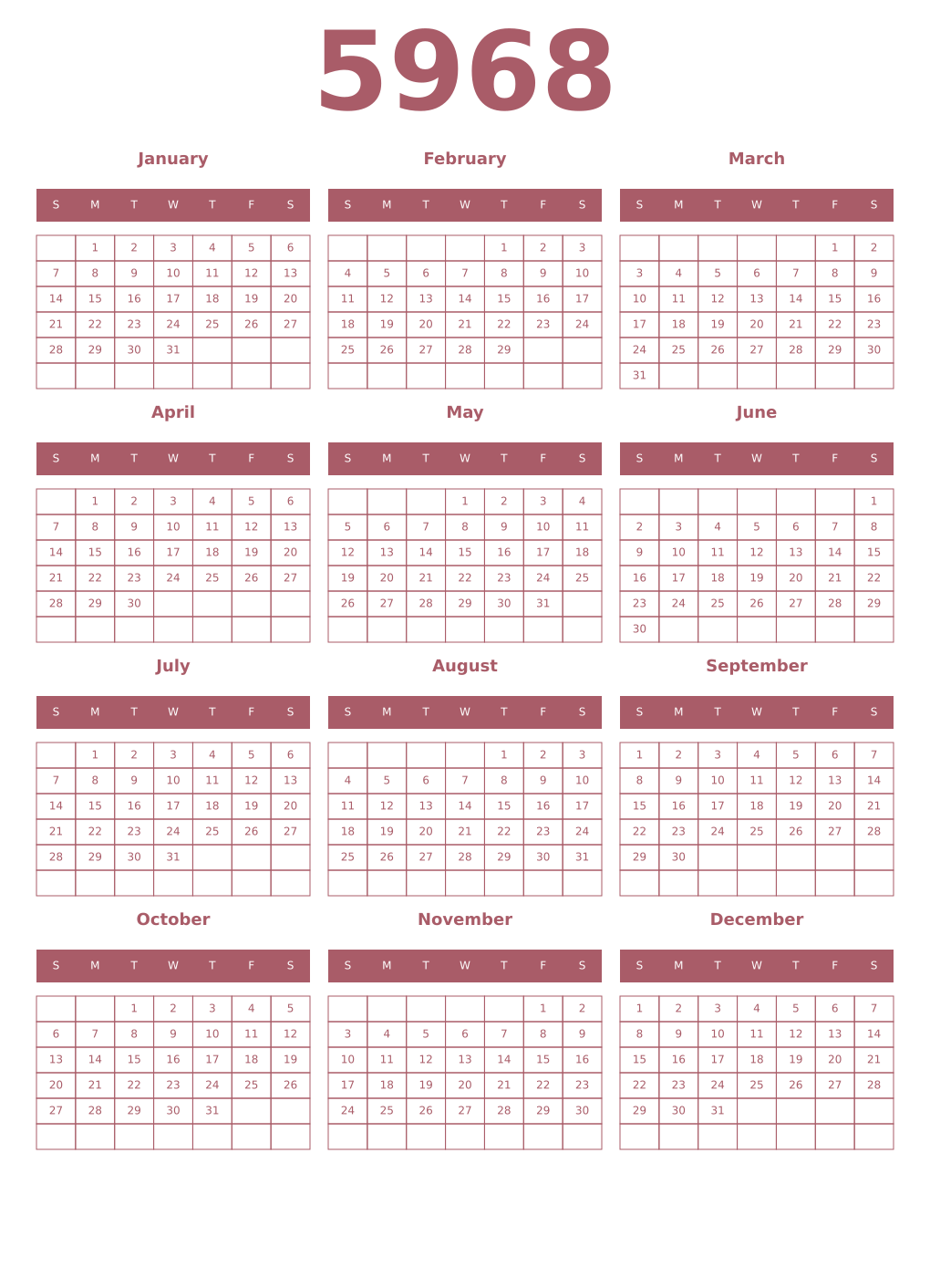 Printable 5968 Year Calendars puce