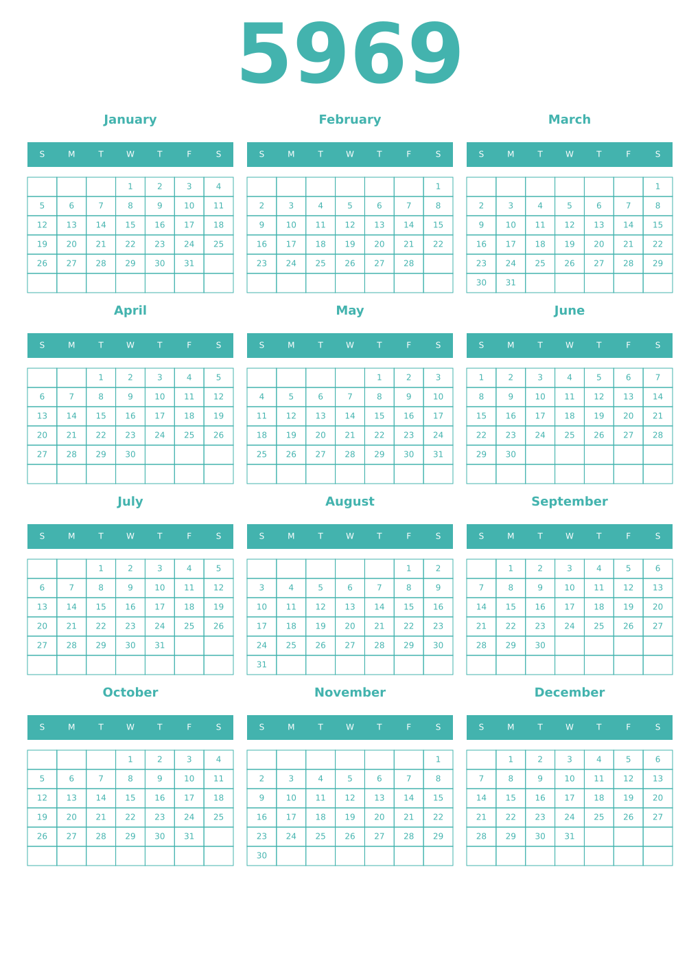 Printable 5969 Year Calendars verdigris