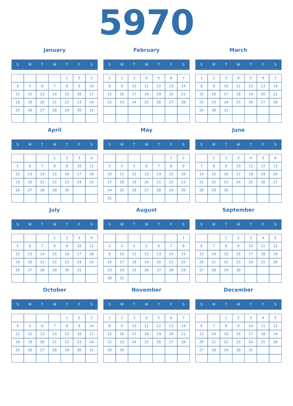 Printable 5970 Year Calendars blue