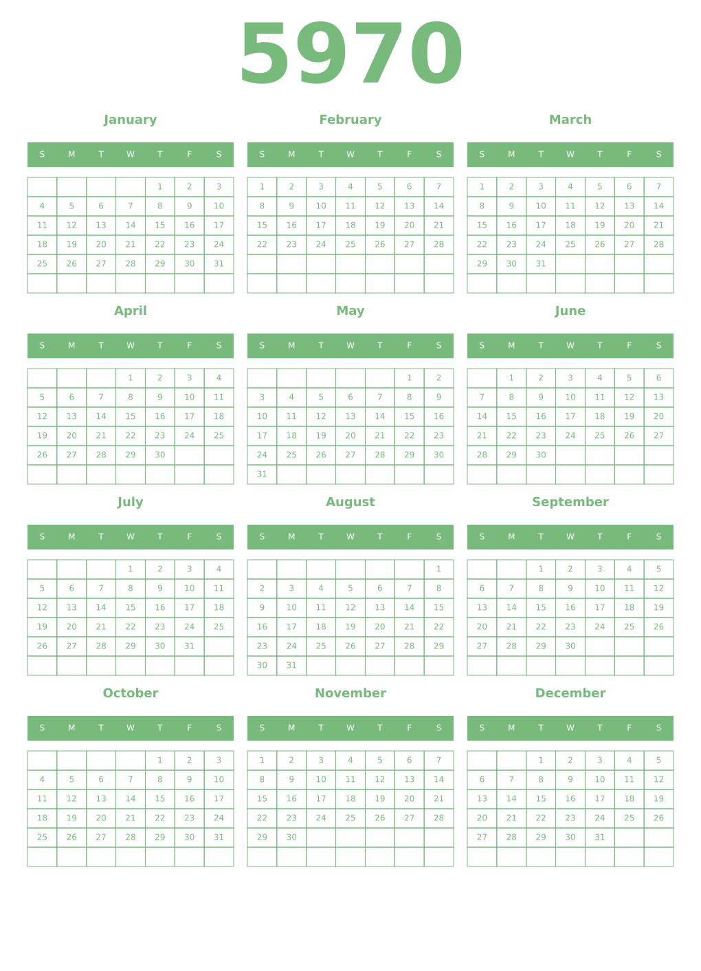 Printable 5970 Year Calendars celadon