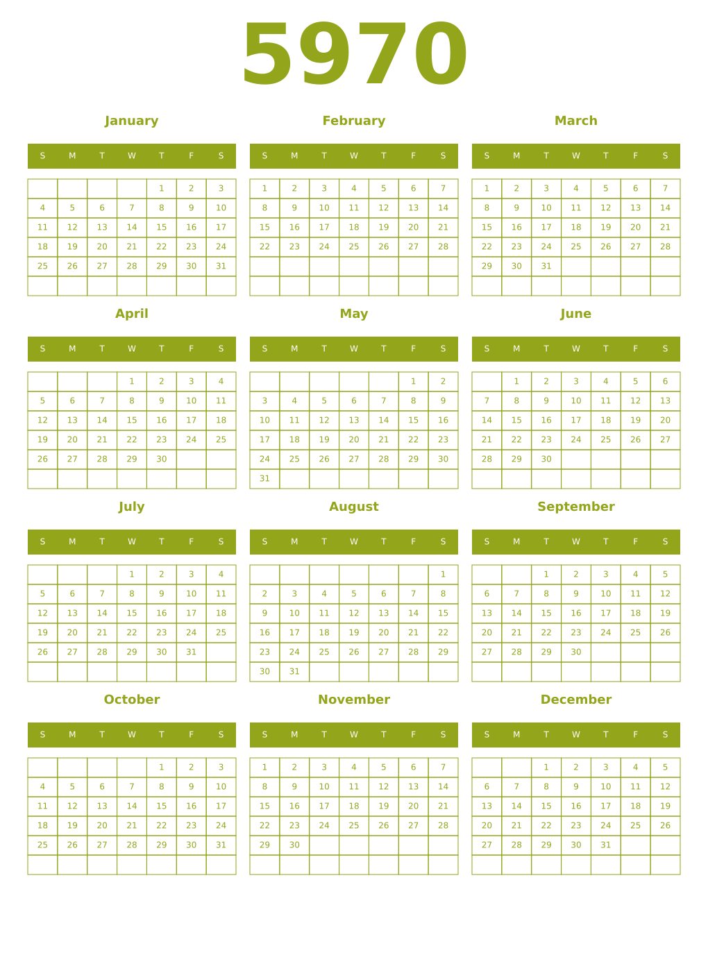 Printable 5970 Year Calendars chartreuse