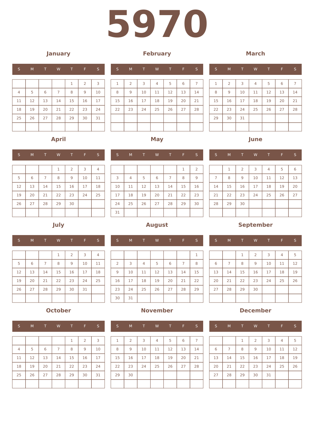 Printable 5970 Year Calendars coffe