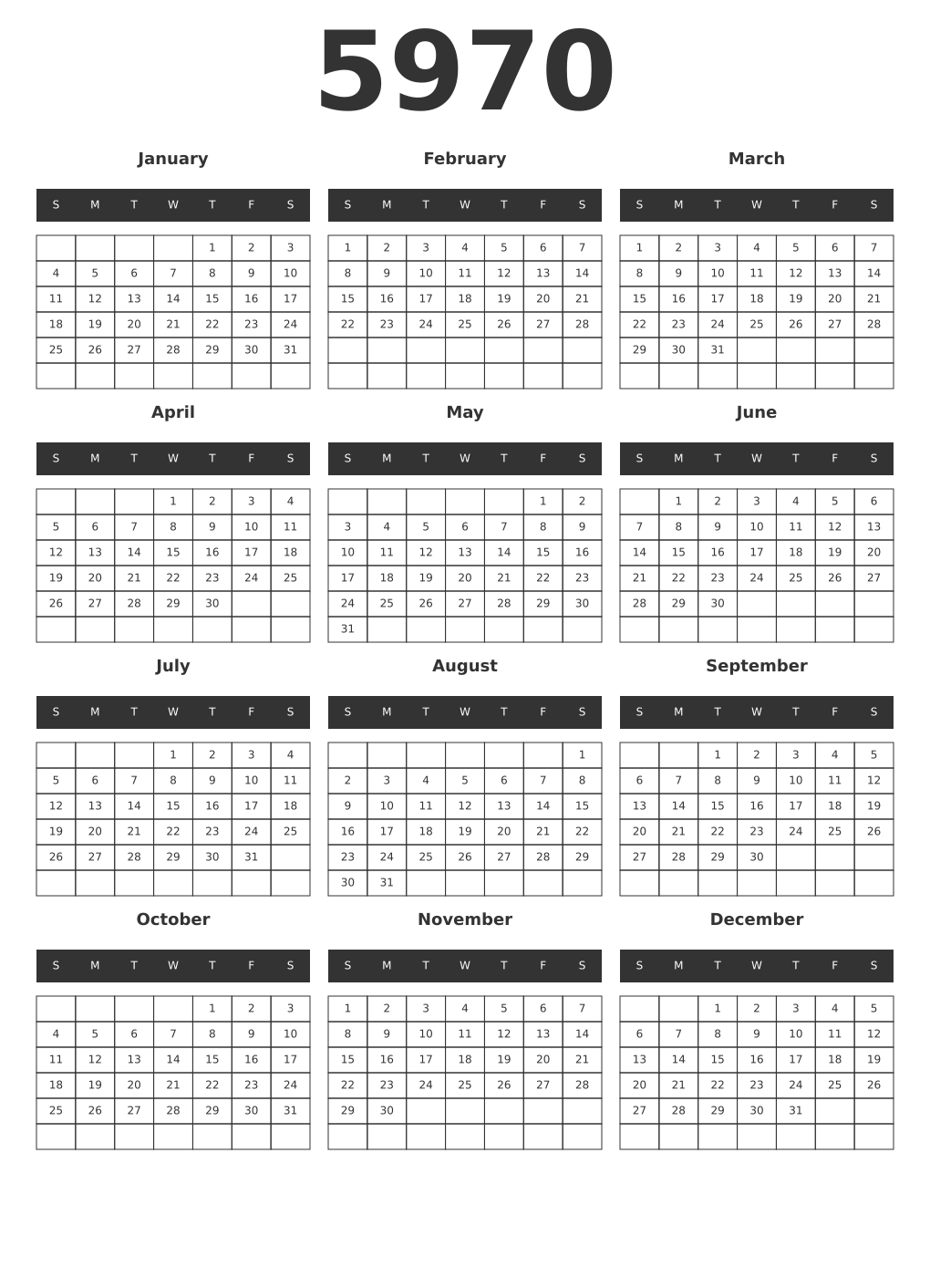 Printable 5970 Year Calendars dark