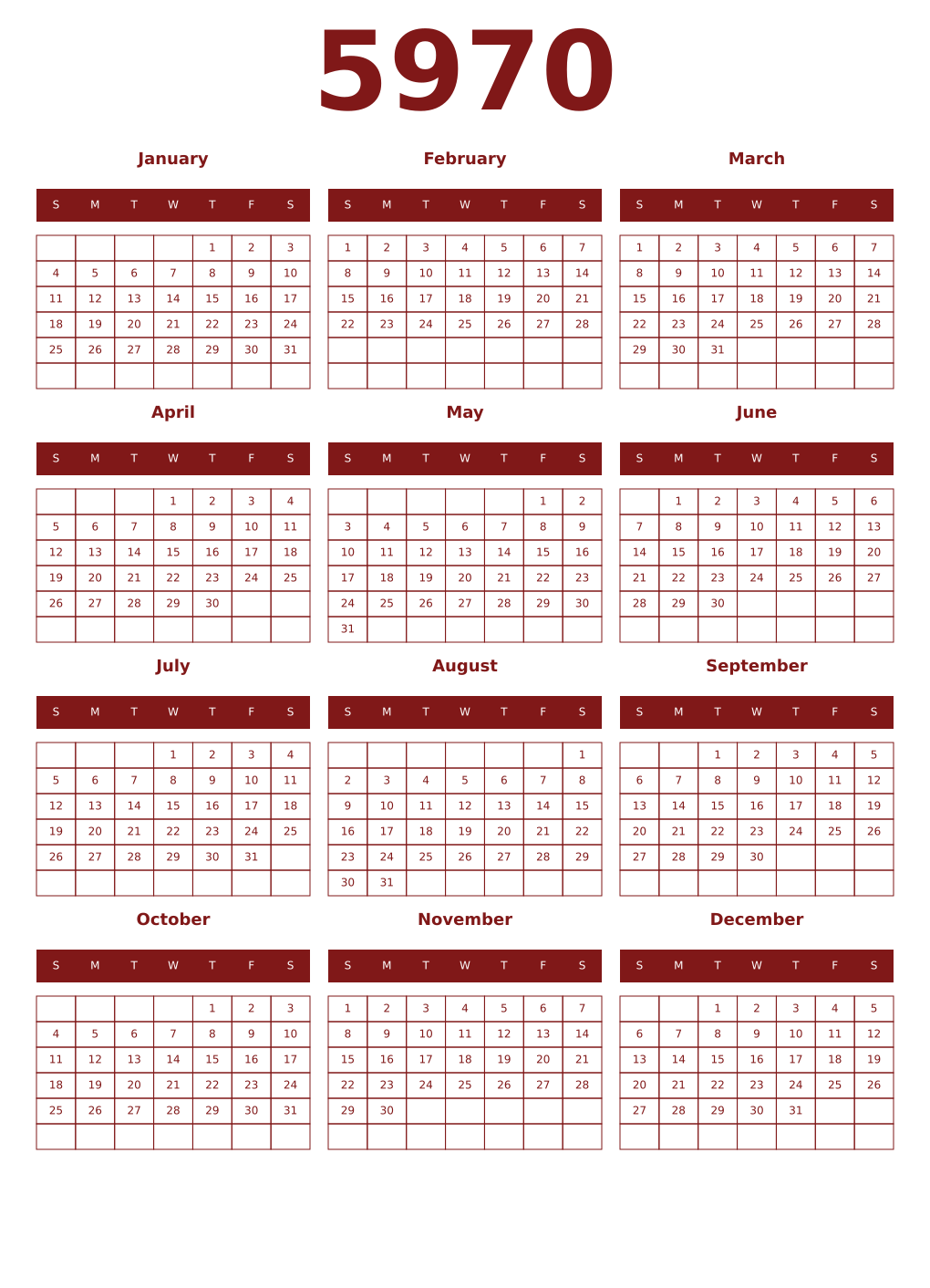 Printable 5970 Year Calendars falu