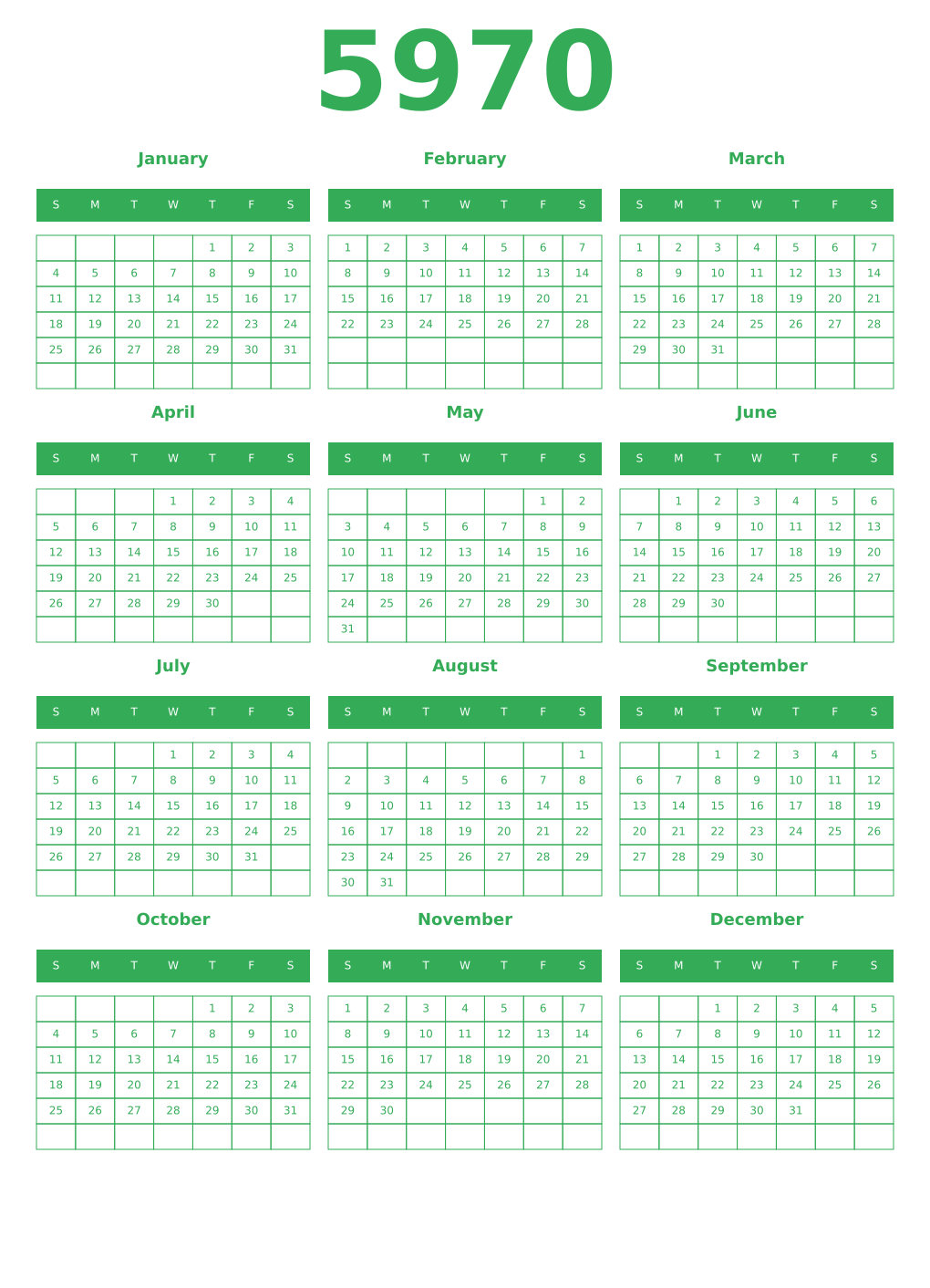 Printable 5970 Year Calendars green