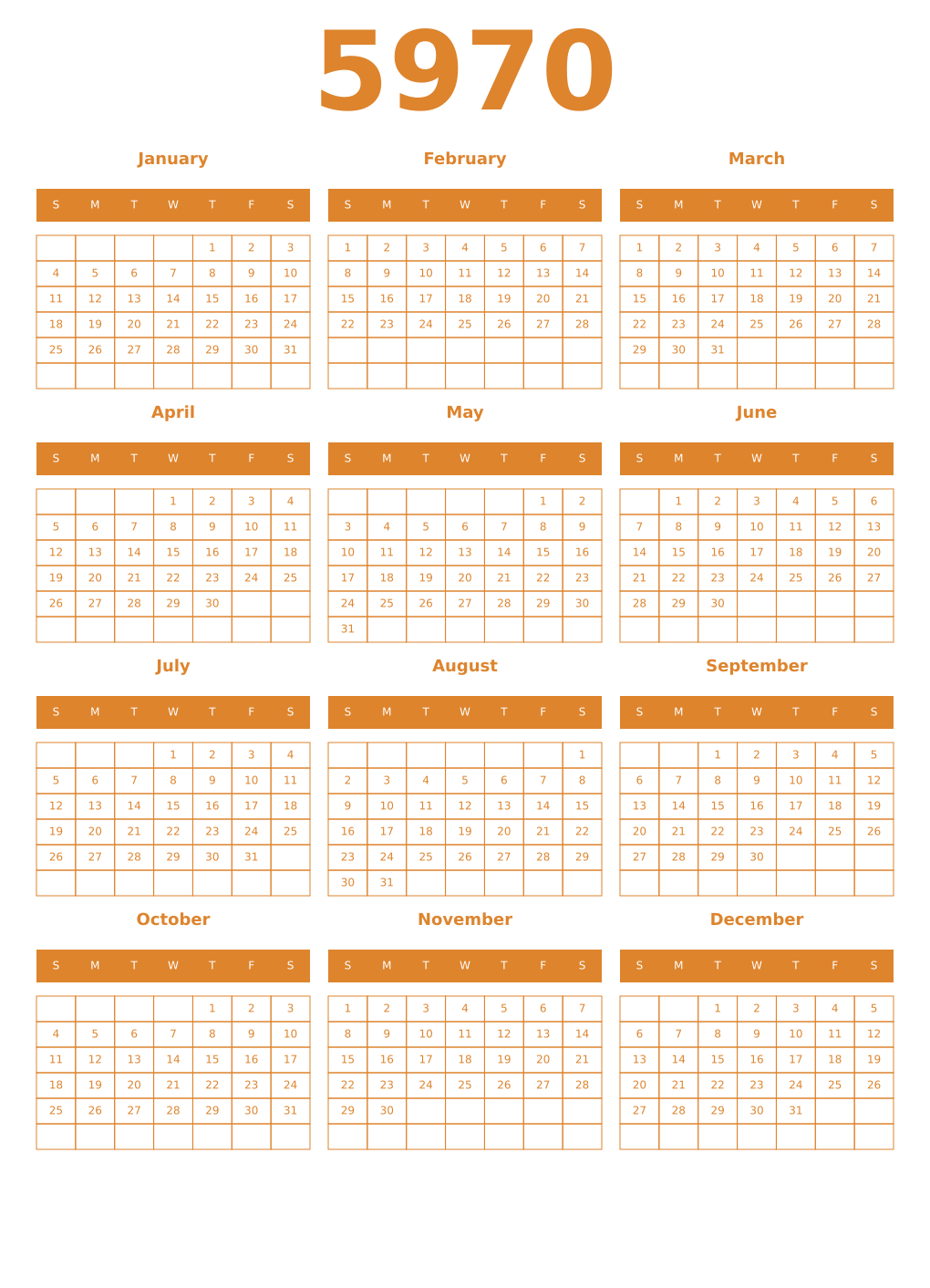 Printable 5970 Year Calendars orange