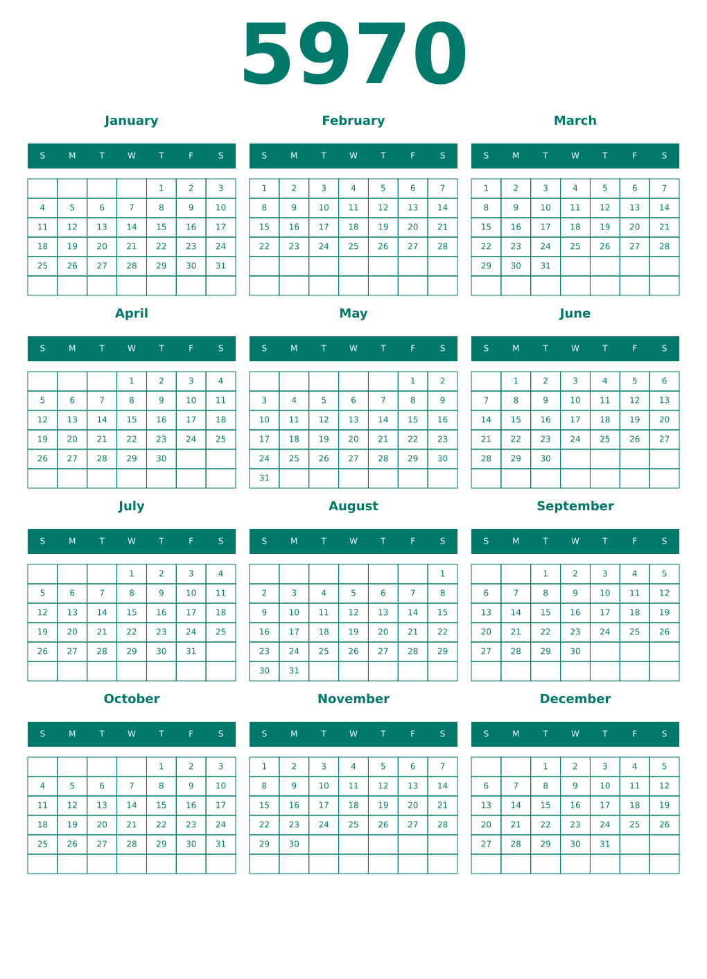 Printable 5970 Year Calendars pastel