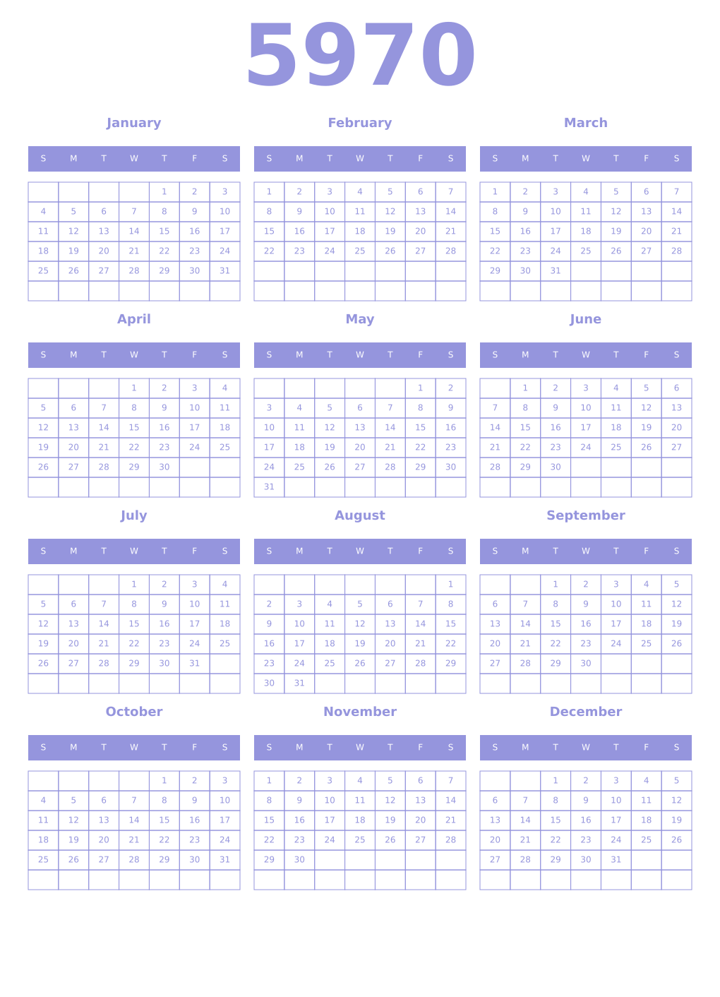 Printable 5970 Year Calendars periwinkle