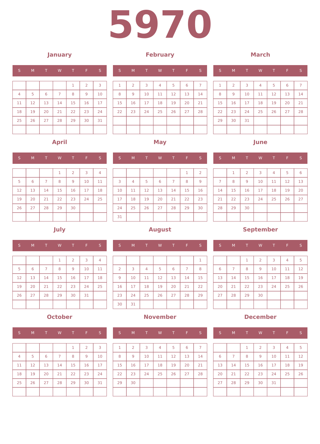 Printable 5970 Year Calendars puce