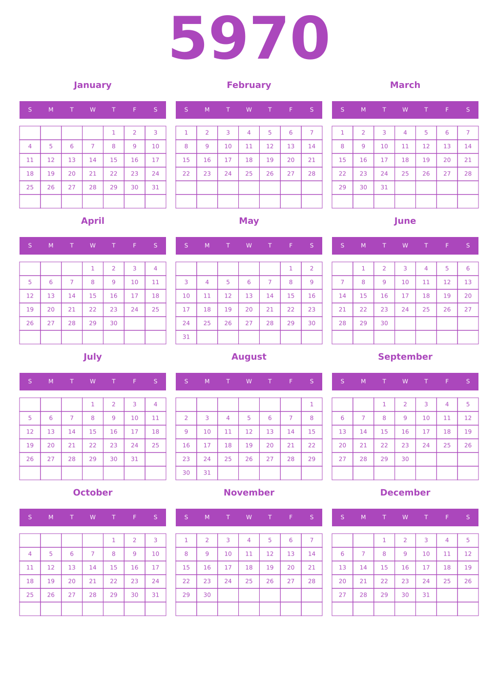 Printable 5970 Year Calendars purple
