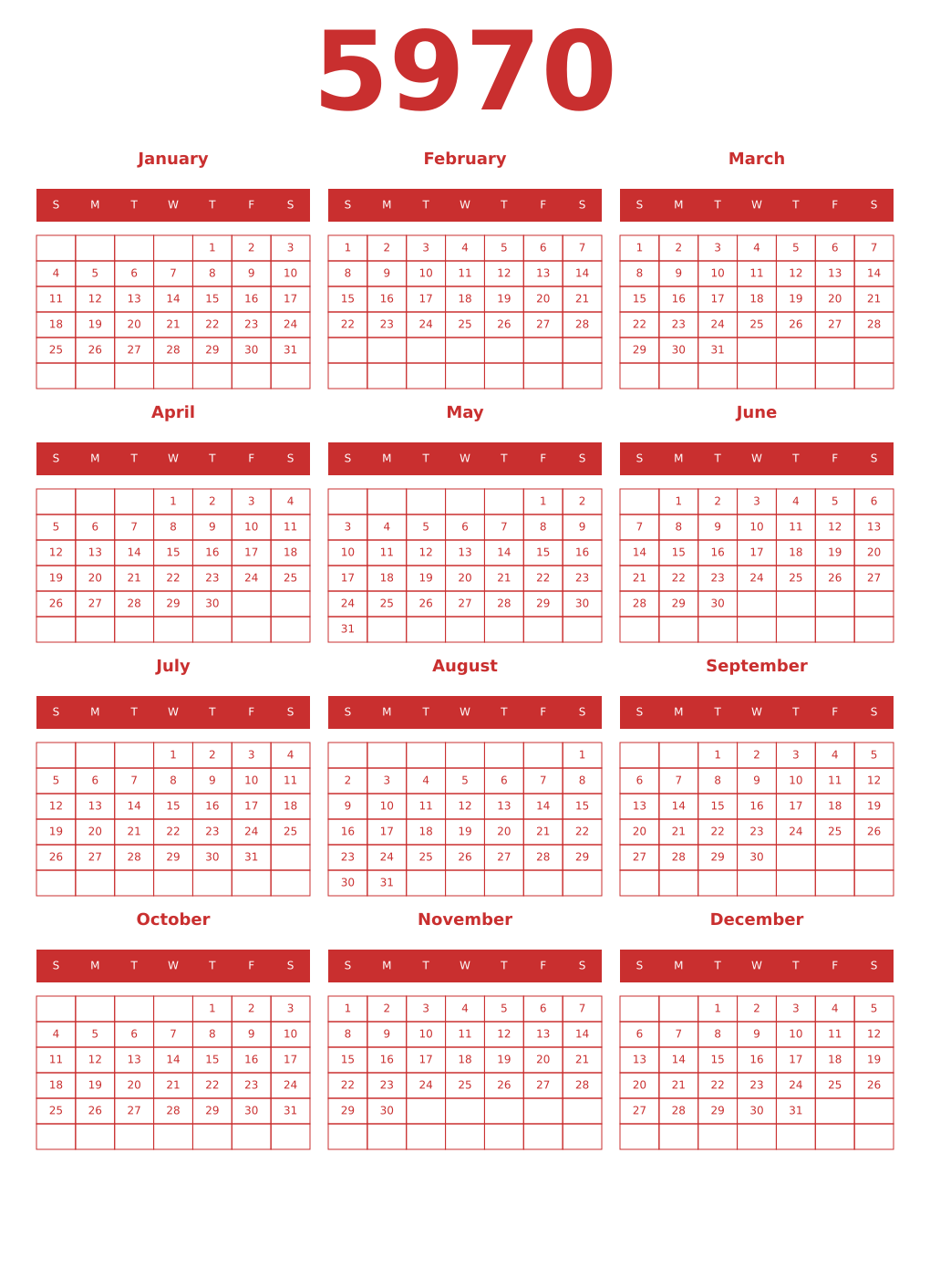 Printable 5970 Year Calendars red