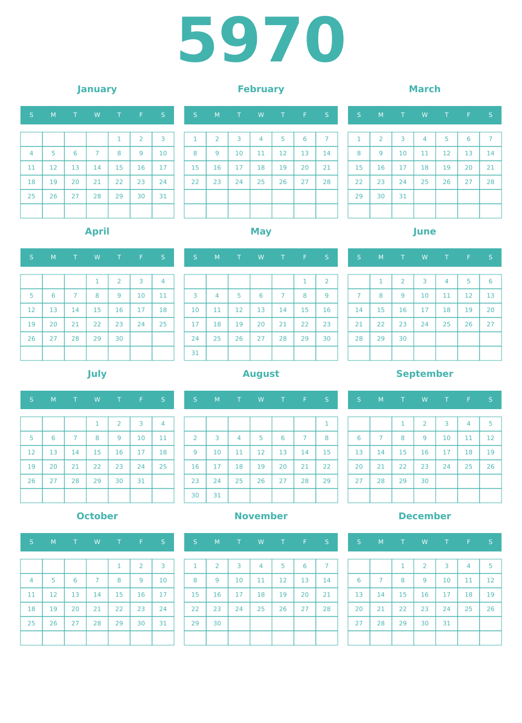 Printable 5970 Year Calendars verdigris