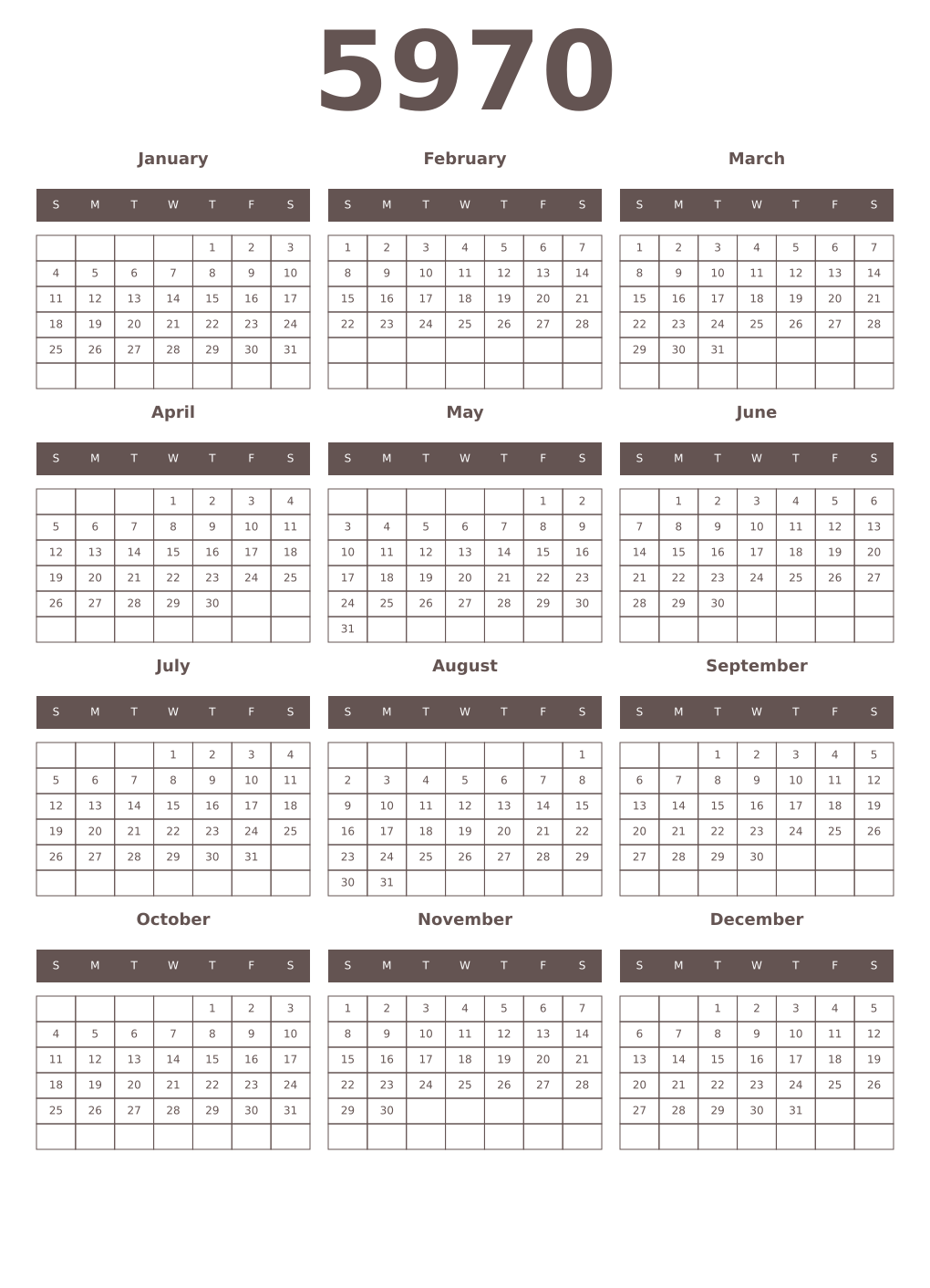 Printable 5970 Year Calendars wenge