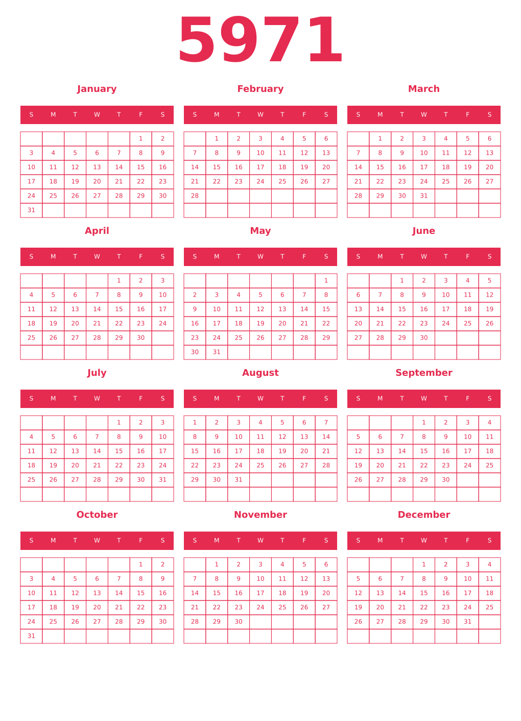Printable 5971 Year Calendars amaranth