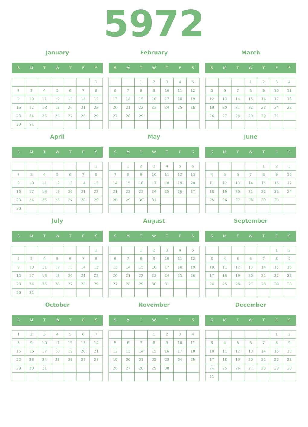 Printable 5972 Year Calendars celadon