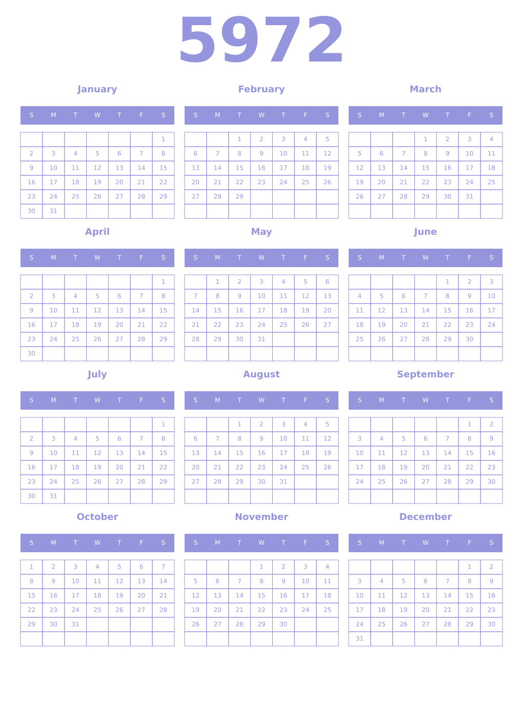 Printable 5972 Year Calendars periwinkle