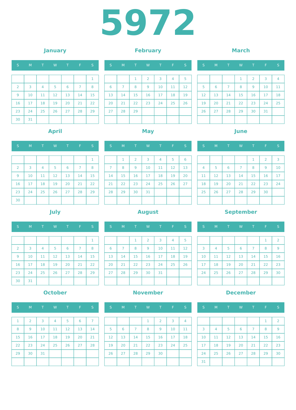 Printable 5972 Year Calendars verdigris