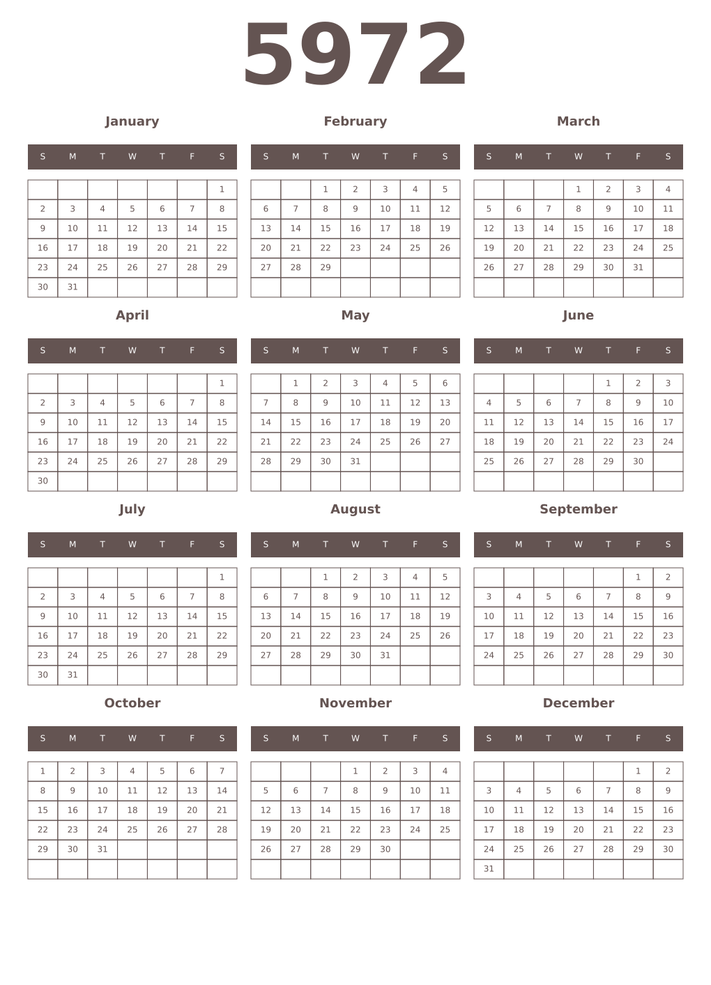 Printable 5972 Year Calendars wenge