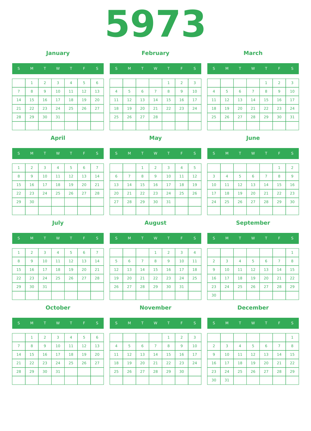 Printable 5973 Year Calendars green