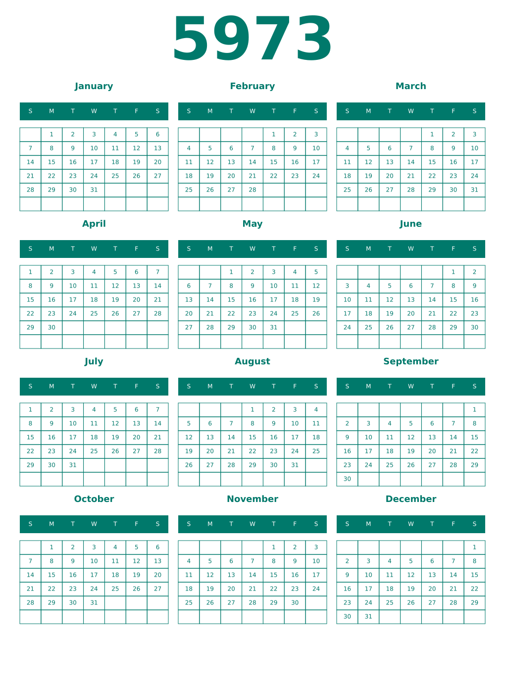 Printable 5973 Year Calendars pastel