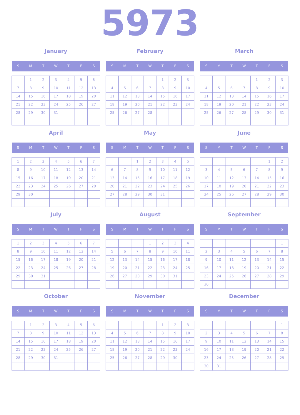 Printable 5973 Year Calendars periwinkle