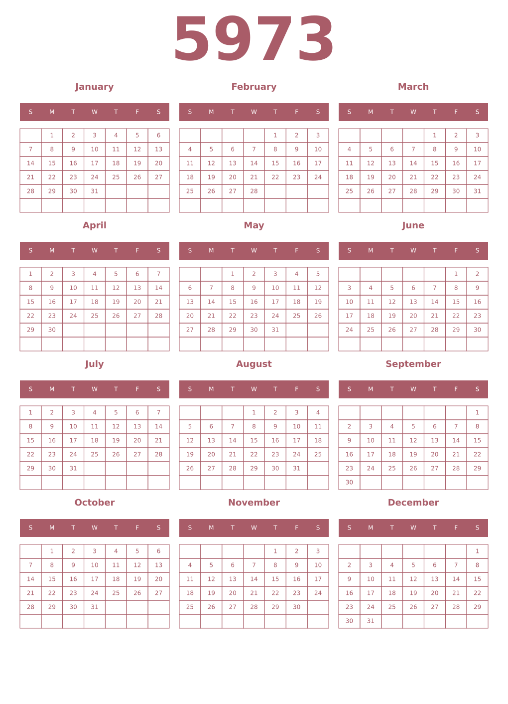 Printable 5973 Year Calendars puce