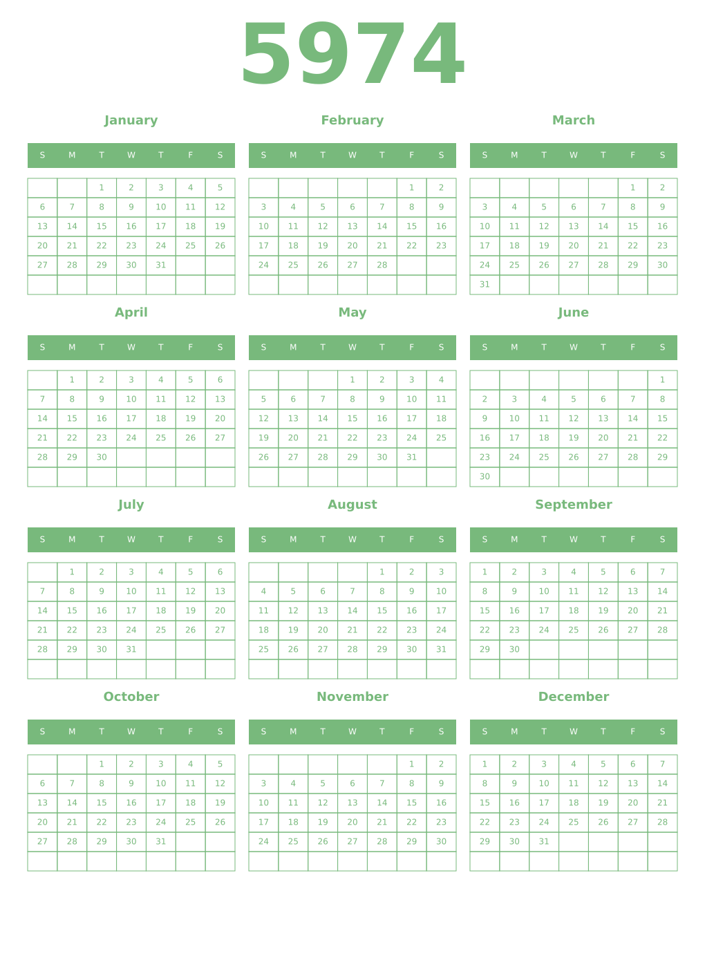 Printable 5974 Year Calendars celadon