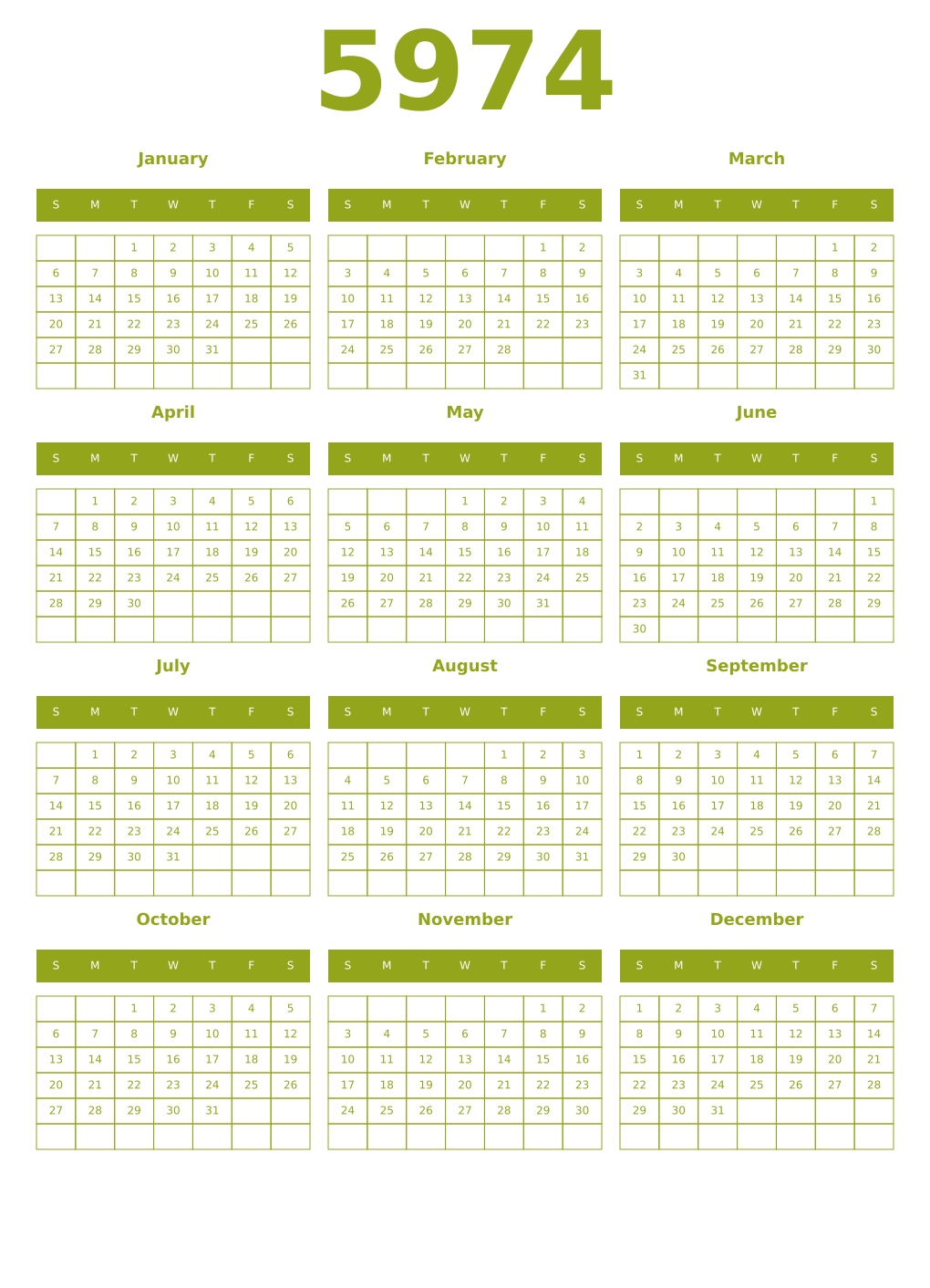 Printable 5974 Year Calendars chartreuse