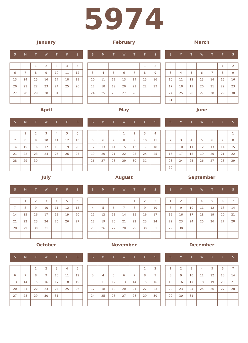 Printable 5974 Year Calendars coffe