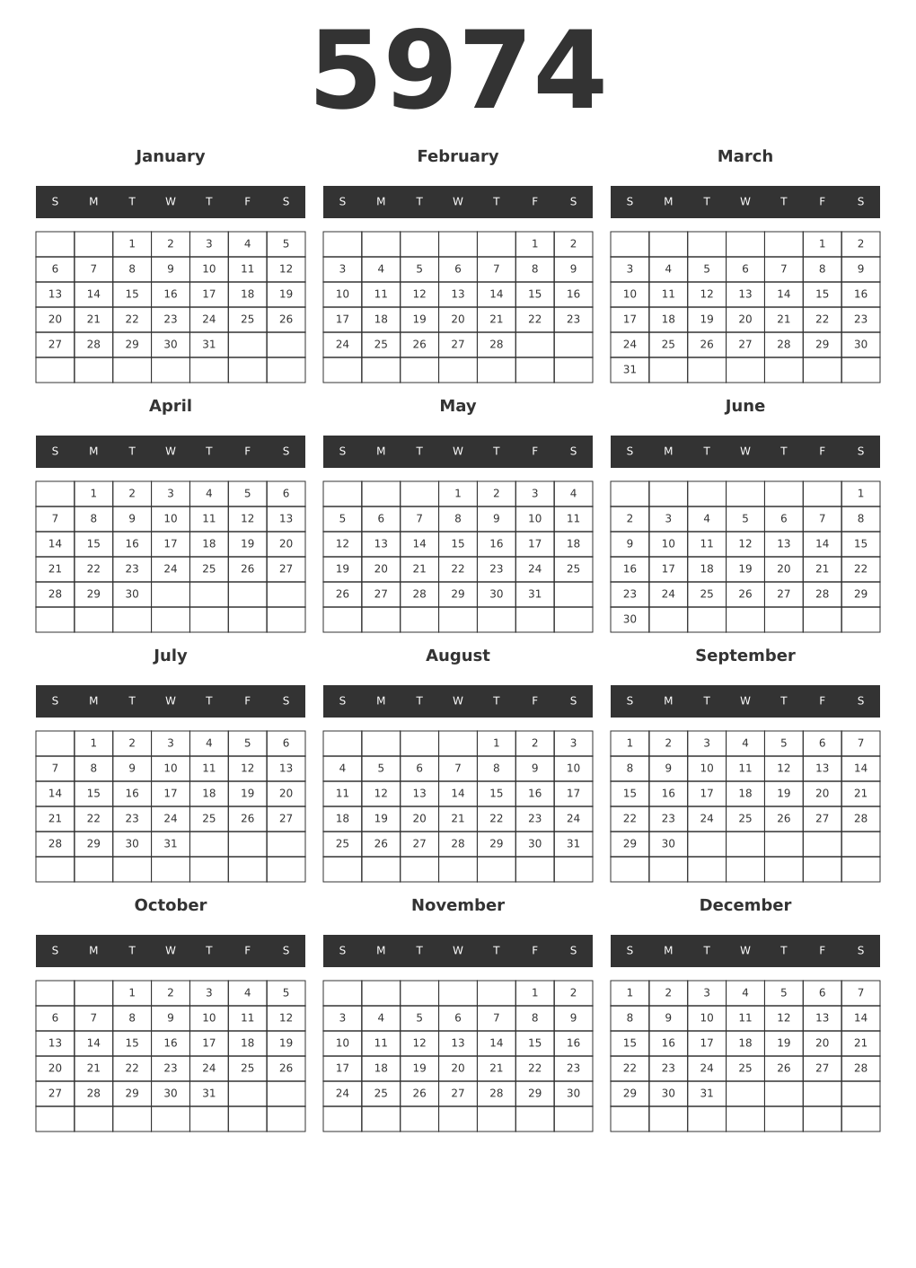 Printable 5974 Year Calendars dark